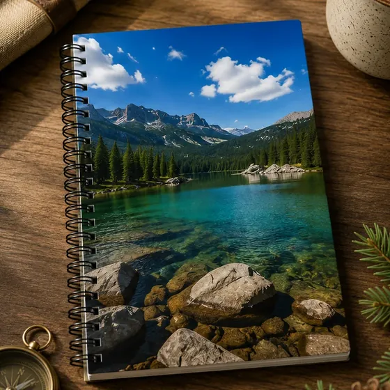 Caderno com paisagem de lago pronto