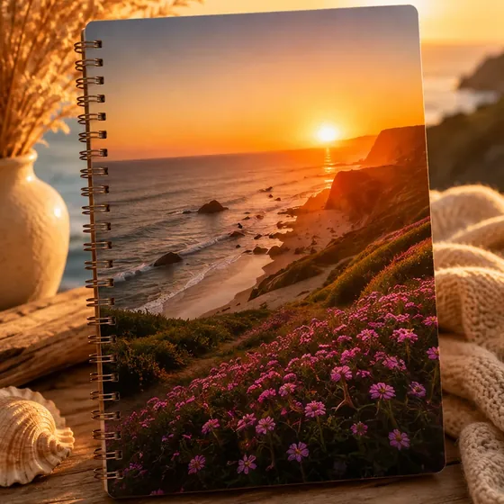 Caderno com paisagem de pôr do sol pronto